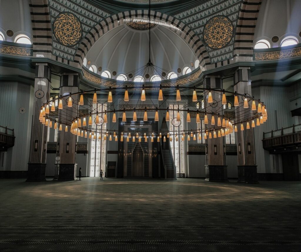 Intricate design of Bestepe Millet Camii mosque's interior in Ankara, Turkey.